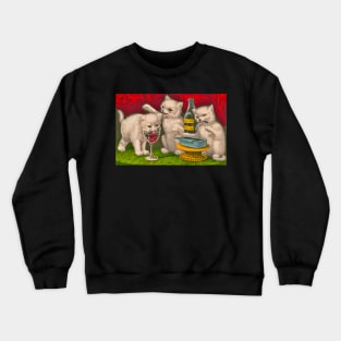 Kittens drinking and eating sardine fish Crewneck Sweatshirt